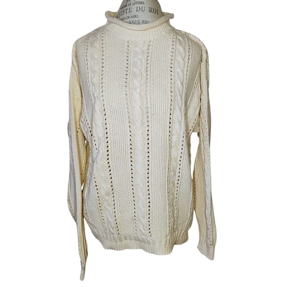 Vintage 90s Liz Wear Cable Knit Roll Neck Sweater Womens Small Cream Fisherman‎